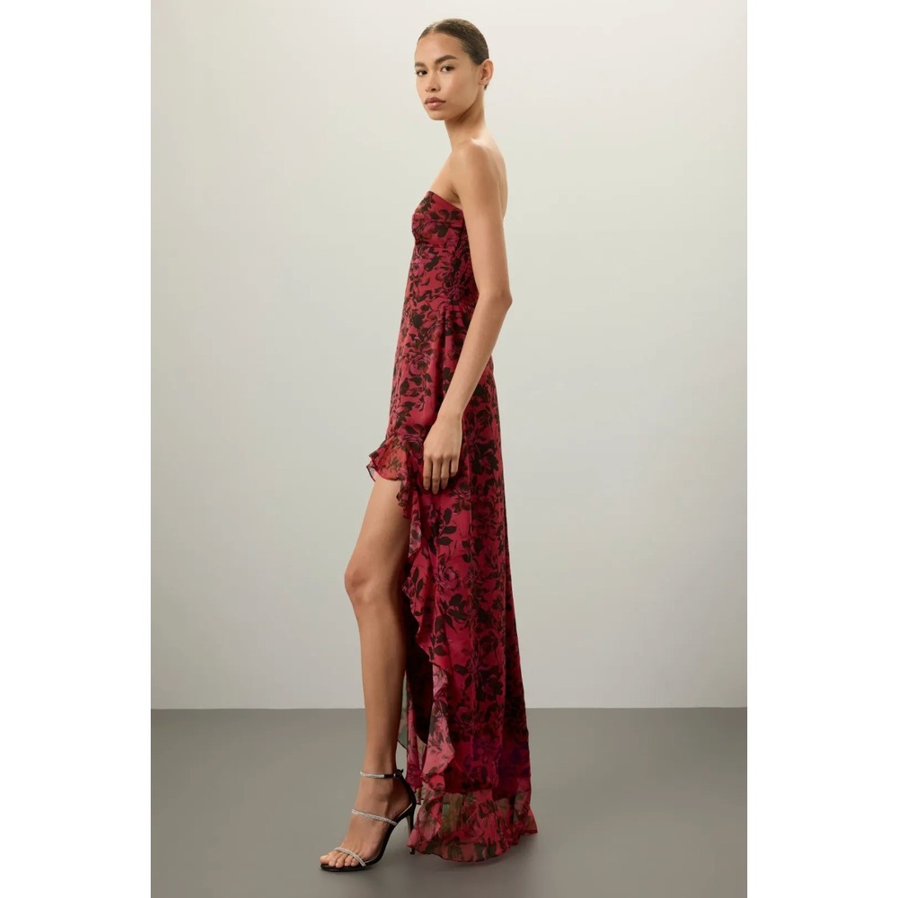 Amanda Uprichard Eden Gown Strapless Maxi Dress Floral Ruffle Pink Black Sz M - Picture 3 of 16